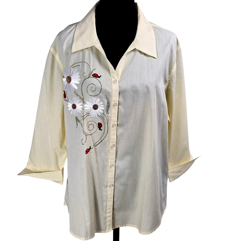 Tia Designs Womens Button Down XL Yellow Striped Ladybug Daisy Embellished VNTG